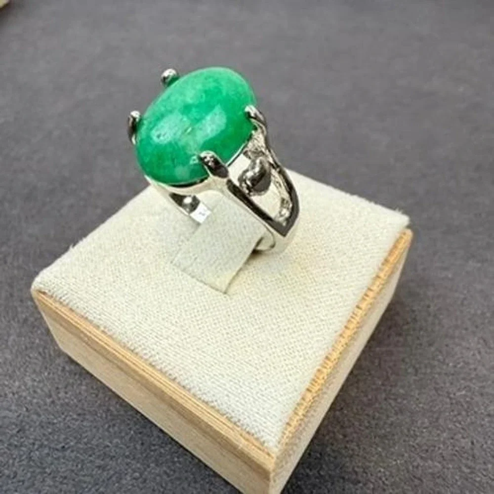 Green Stone Oval Cabochon Ring Silver Tone Statement Solitaire Design